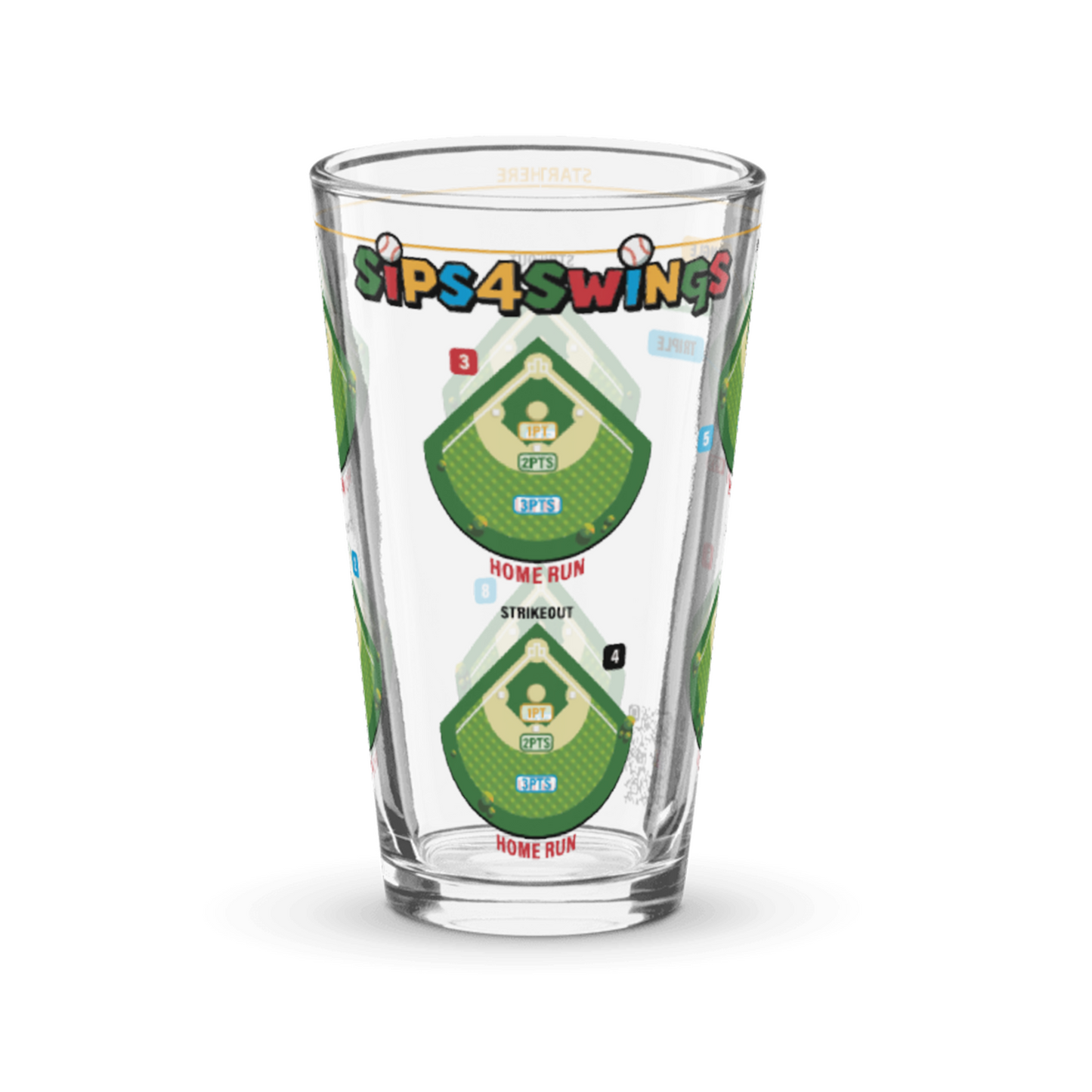 Sips4Swings pint glass printed with baseball fields for a baseball-themed drinking game