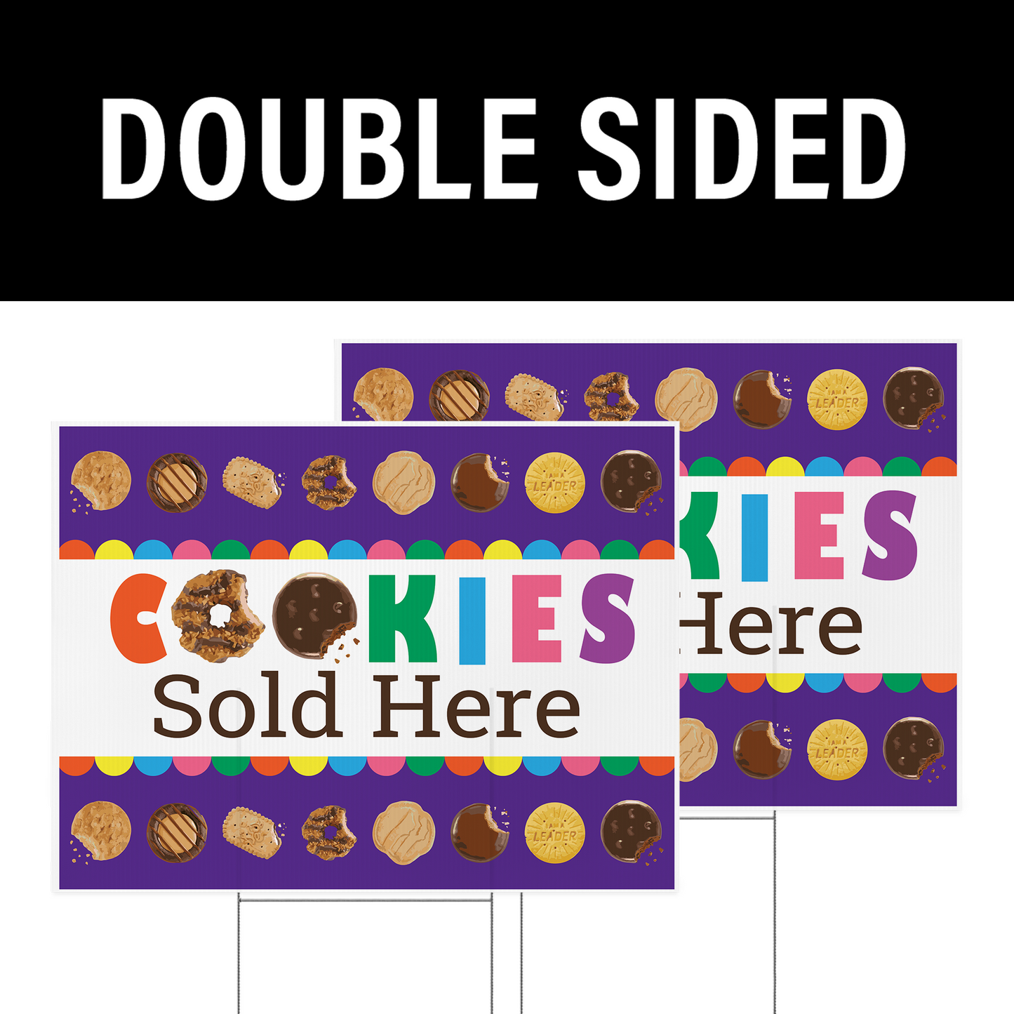 Double-sided 24 by 18 inch Scout cookie yard sign printed in full color on corrugated plastic