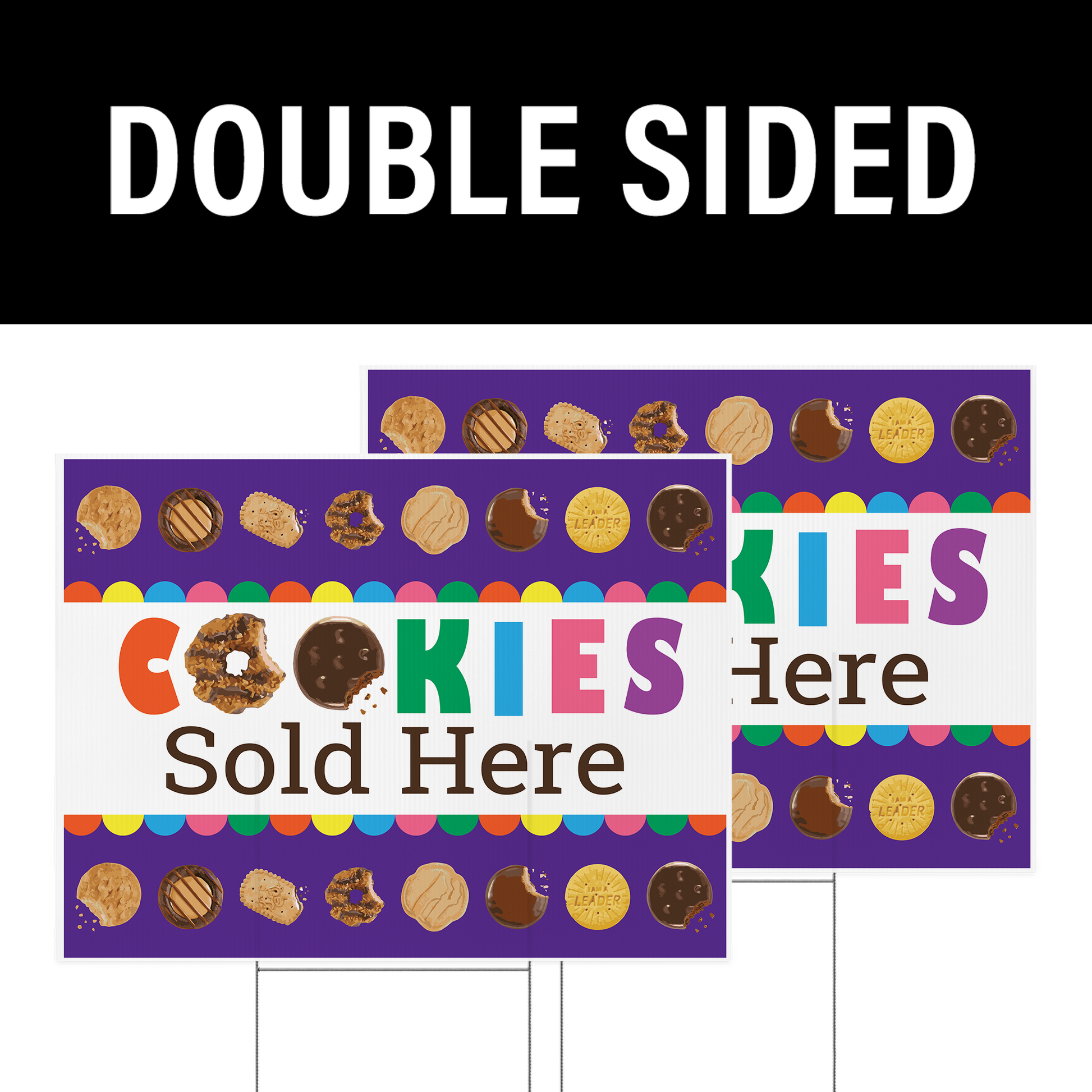 Double-sided 24 by 18 inch Scout cookie yard sign printed in full color on corrugated plastic