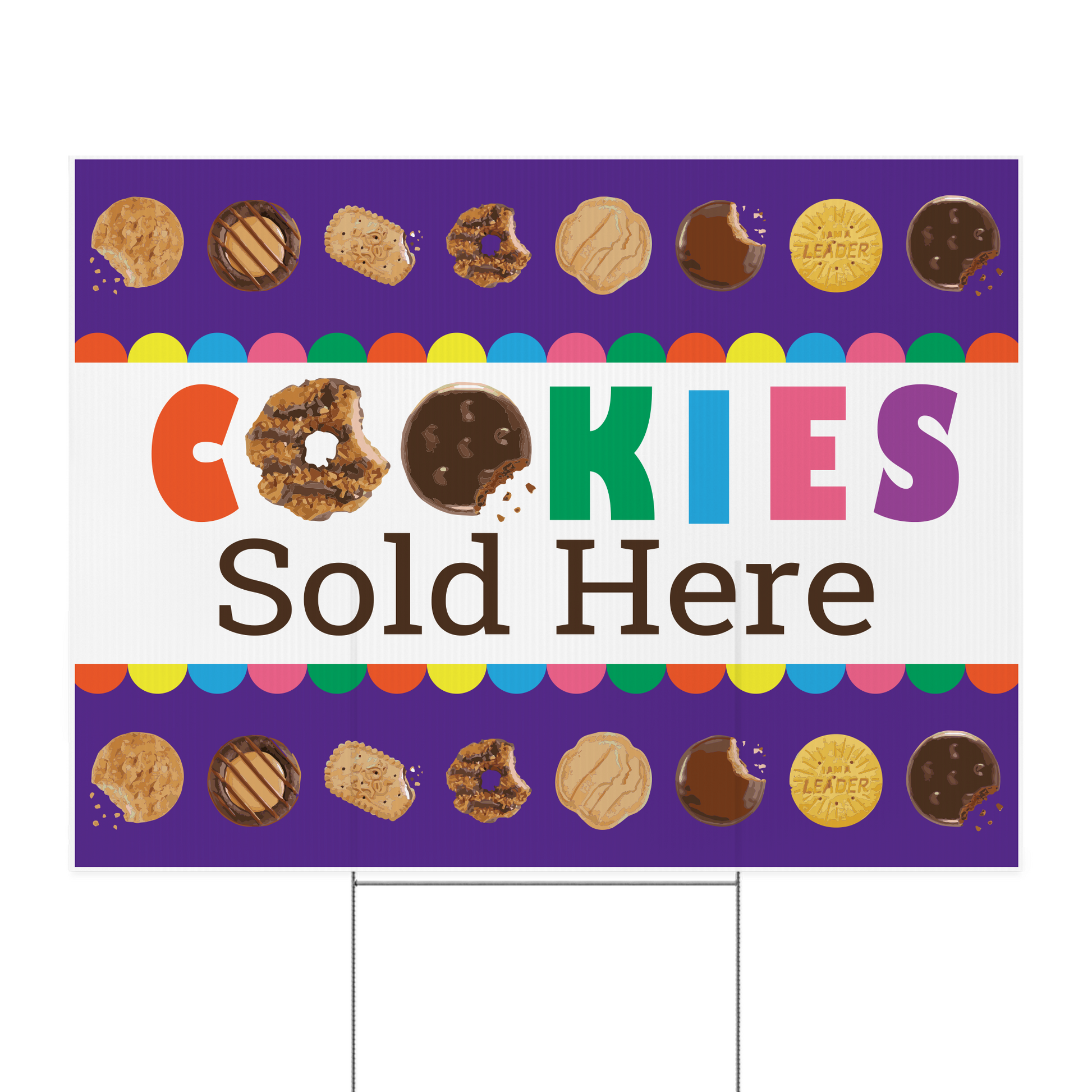 Double-sided 24 by 18 inch Scout cookie yard sign printed in full color on corrugated plastic