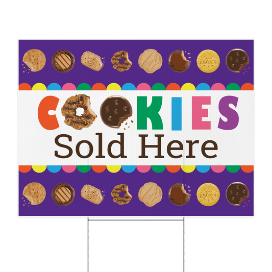 Double-sided 24 by 18 inch Scout cookie yard sign printed in full color on corrugated plastic