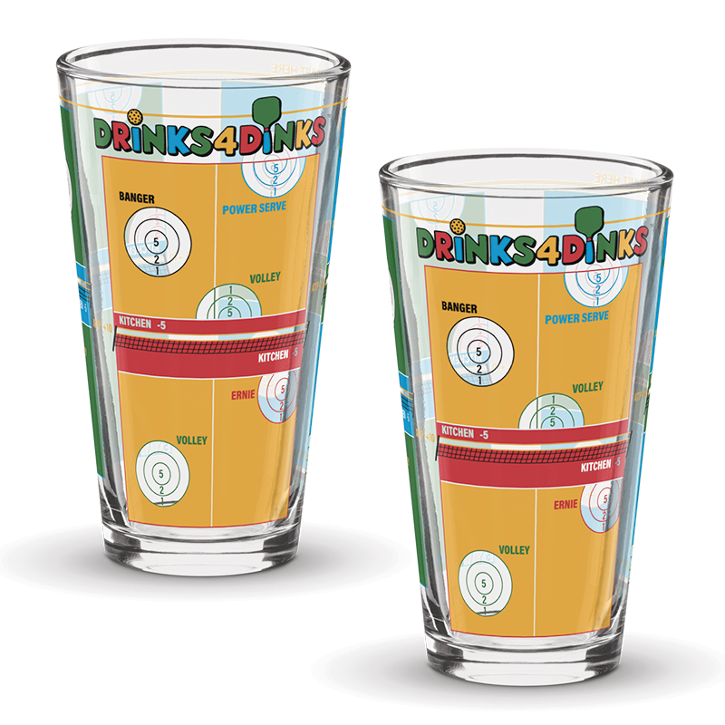 Drinks4Dinks pint glass printed with a pickleball drinking game design