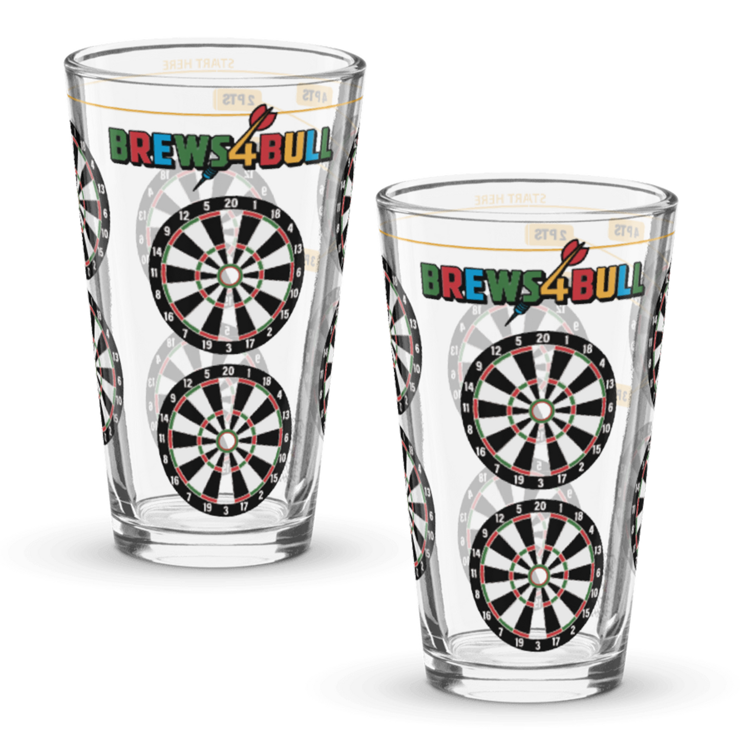 Brews4Bull pint glass printed with eight dart boards around the side for a darts drinking game