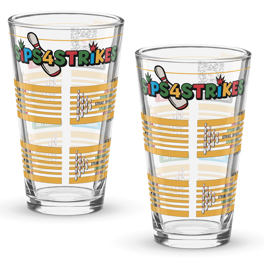 Sips4Strikes pint glass printed with four stacked bowling frames for a bowling drinking game