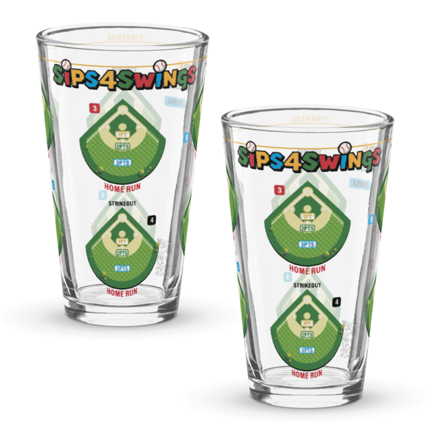 Sips4Swings pint glass printed with baseball fields for a baseball-themed drinking game