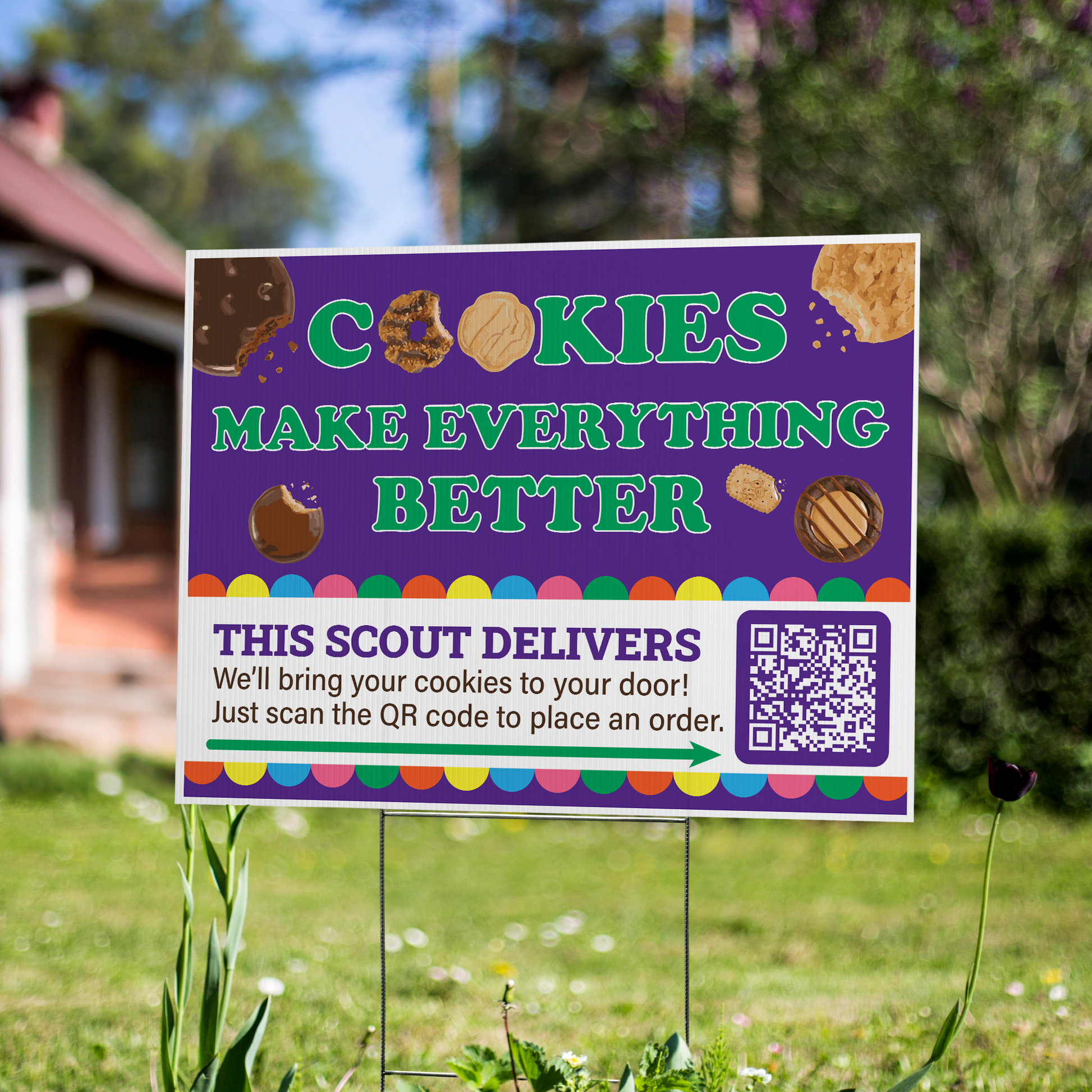 Double-sided 24 by 18 inch Scout cookie yard sign with a custom QR code printed in full color