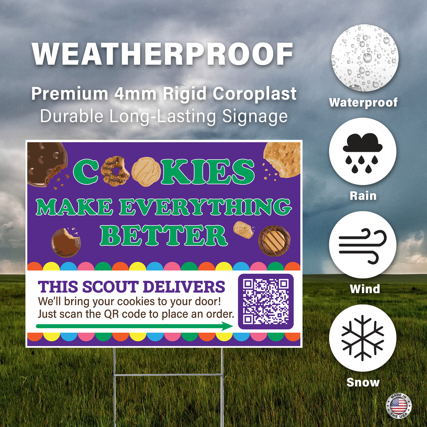 Double-sided 24 by 18 inch Scout cookie yard sign with a custom QR code printed in full color