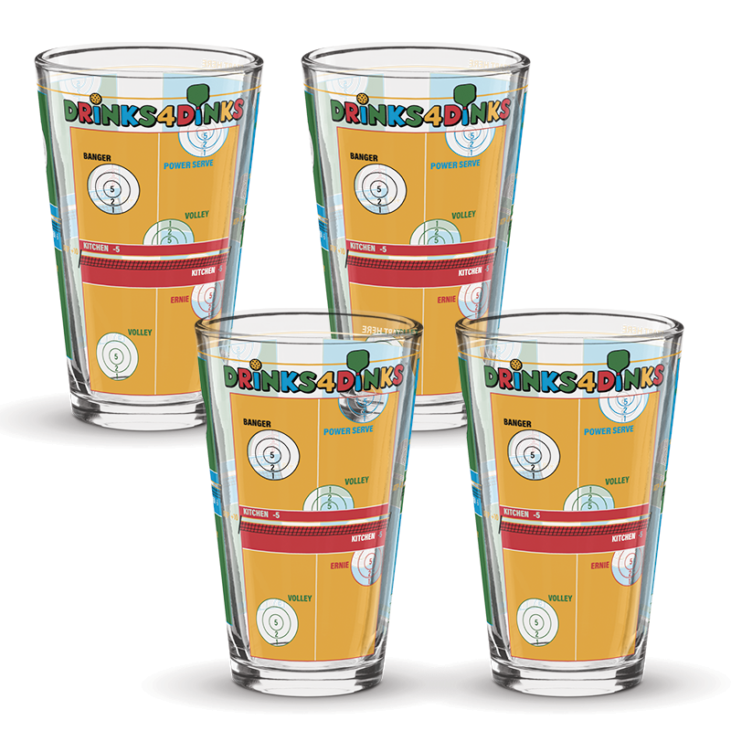 Drinks4Dinks pint glass printed with a pickleball drinking game design