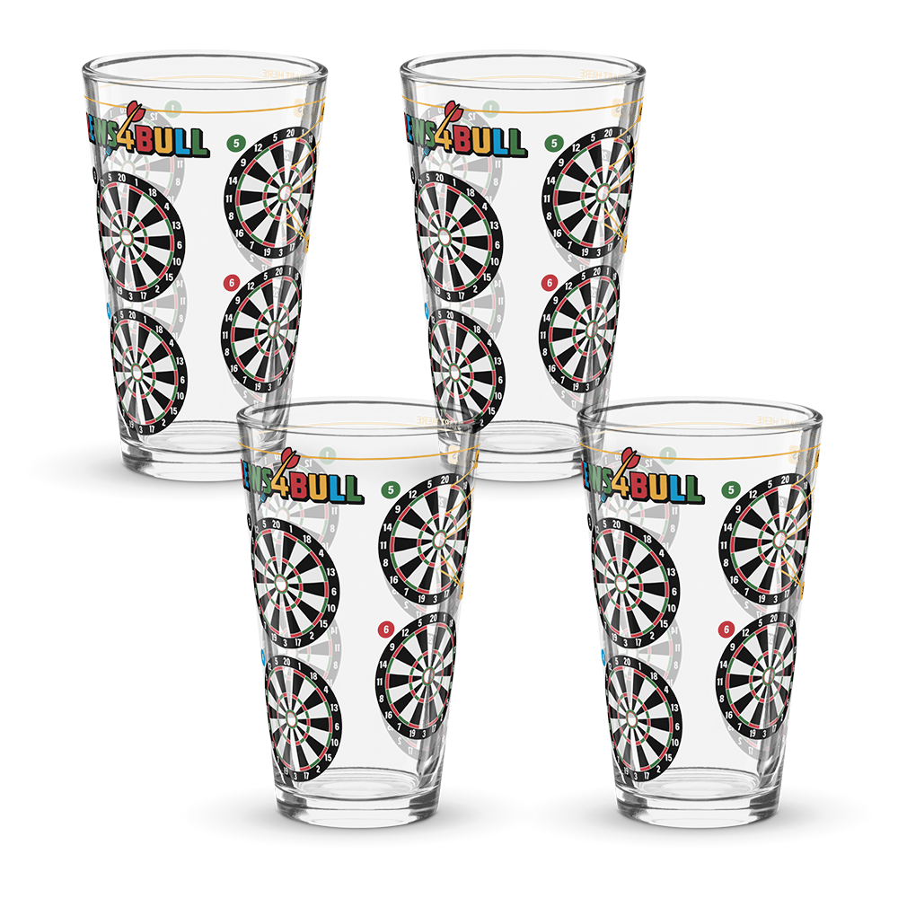 Brews4Bull pint glass printed with eight dart boards around the side for a darts drinking game