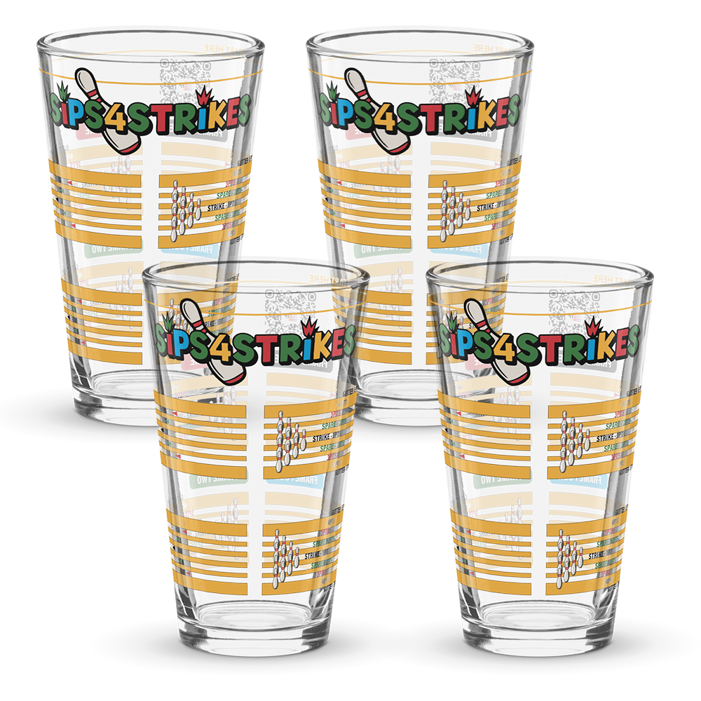 Sips4Strikes pint glass printed with four stacked bowling frames for a bowling drinking game