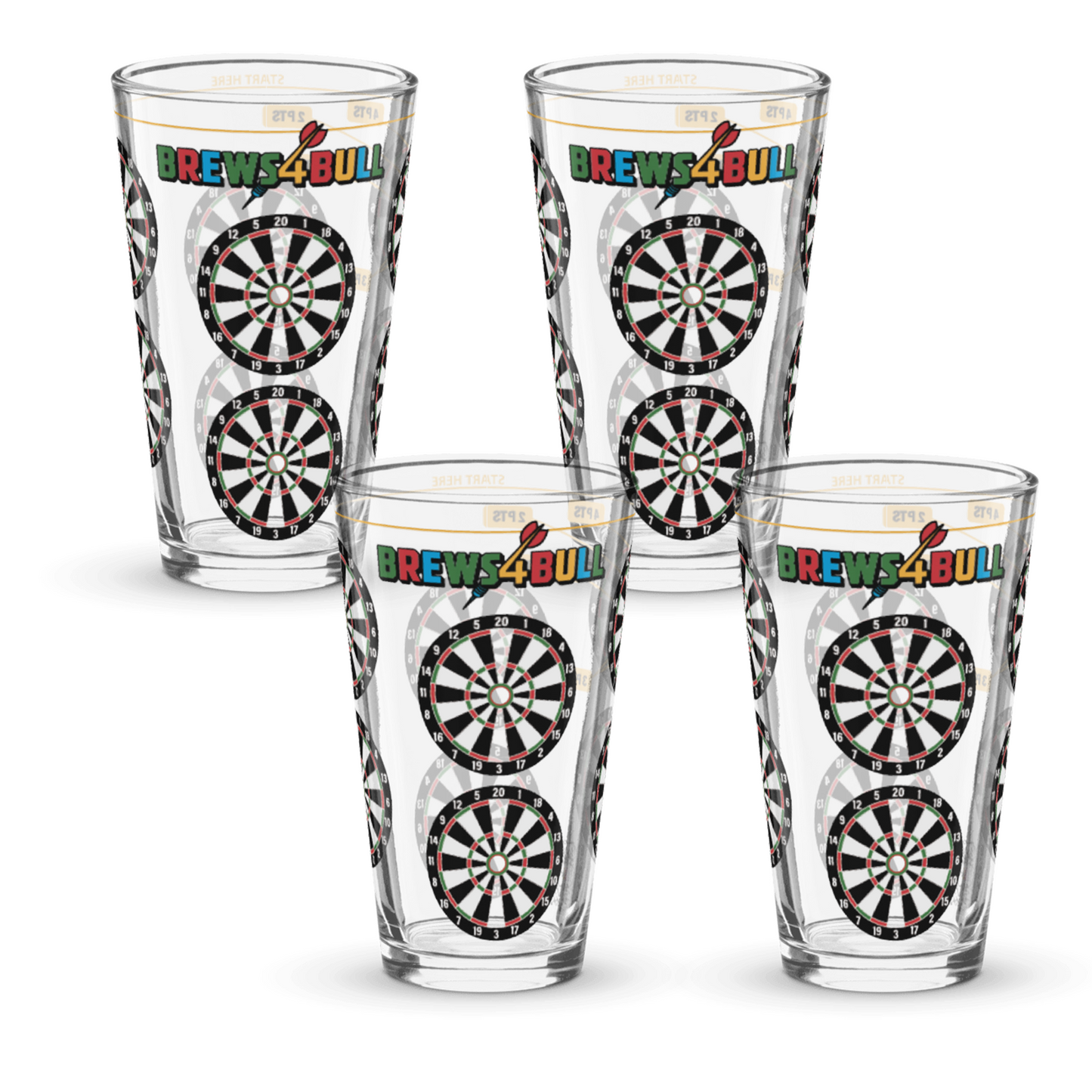 Brews4Bull pint glass printed with eight dart boards around the side for a darts drinking game