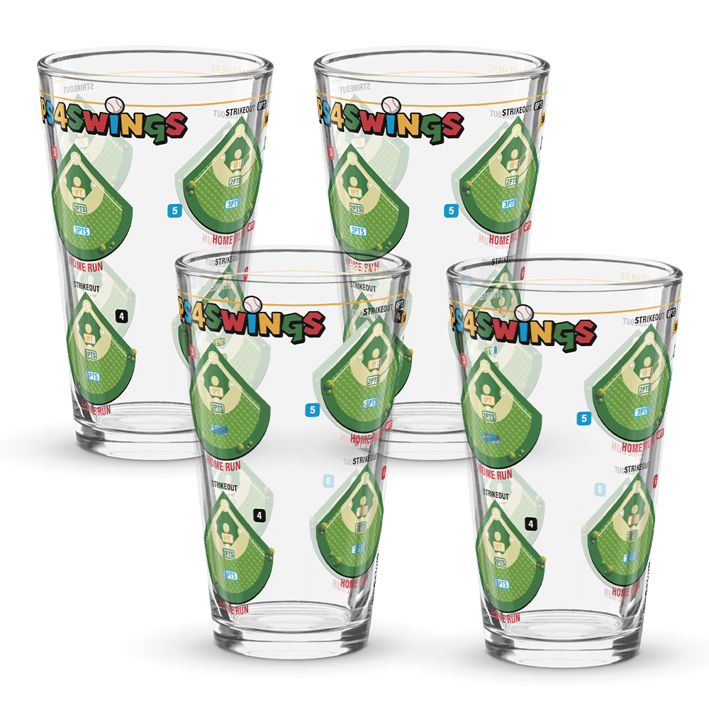 Sips4Swings pint glass printed with baseball fields for a baseball-themed drinking game