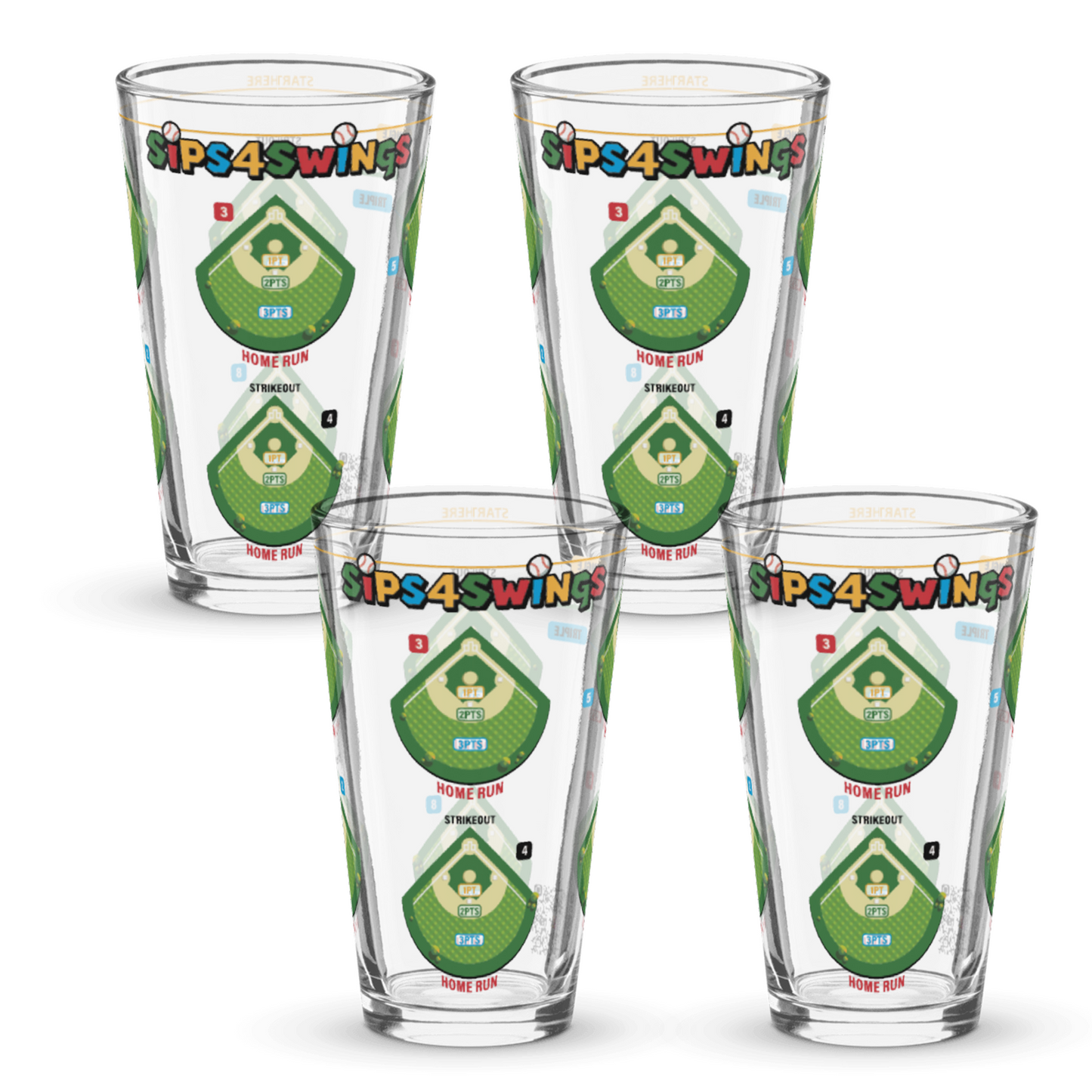 Sips4Swings pint glass printed with baseball fields for a baseball-themed drinking game