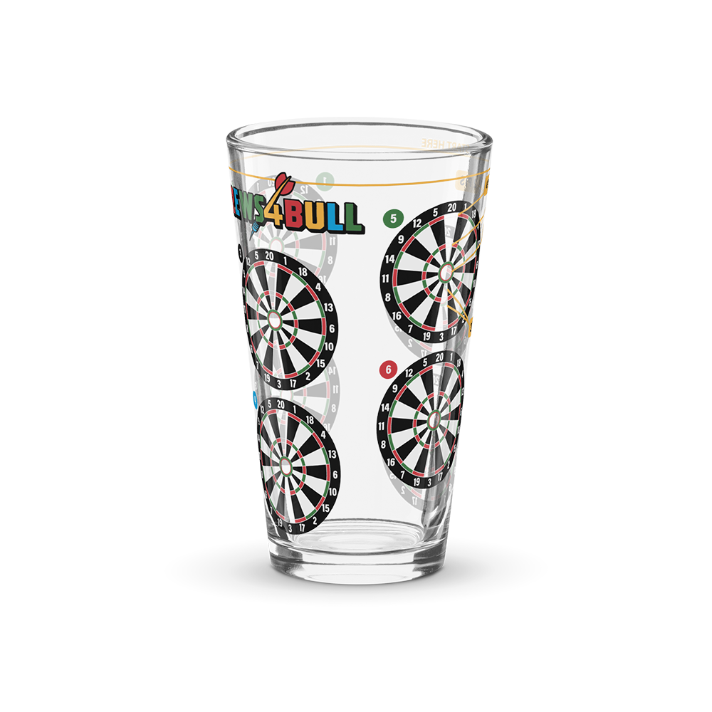 Brews4Bull pint glass printed with eight dart boards around the side for a darts drinking game