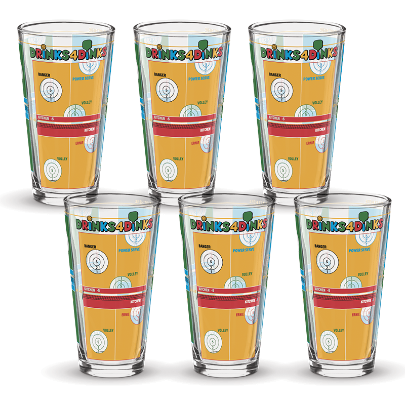 Drinks4Dinks pint glass printed with a pickleball drinking game design
