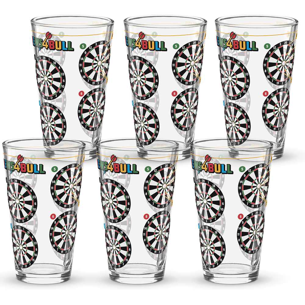 Brews4Bull pint glass printed with eight dart boards around the side for a darts drinking game
