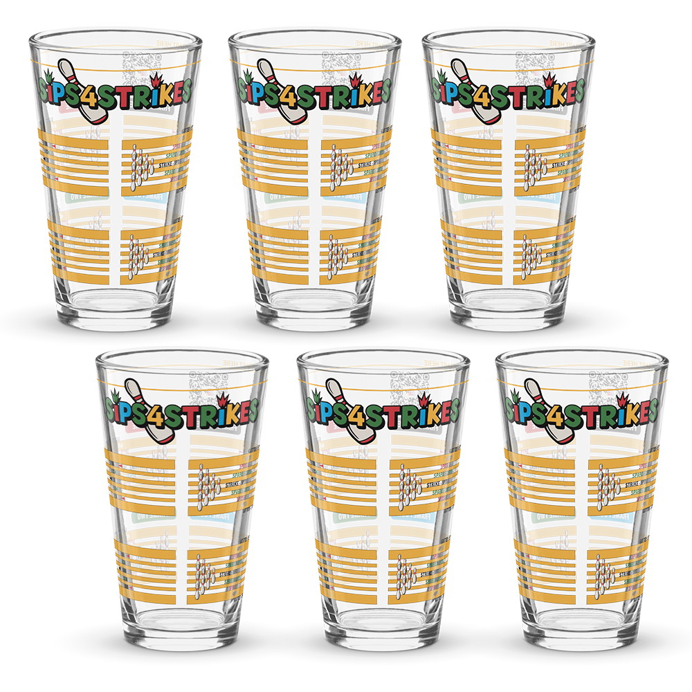 Sips4Strikes pint glass printed with four stacked bowling frames for a bowling drinking game