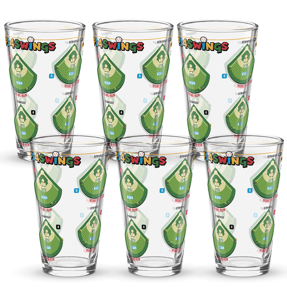 Sips4Swings pint glass printed with baseball fields for a baseball-themed drinking game