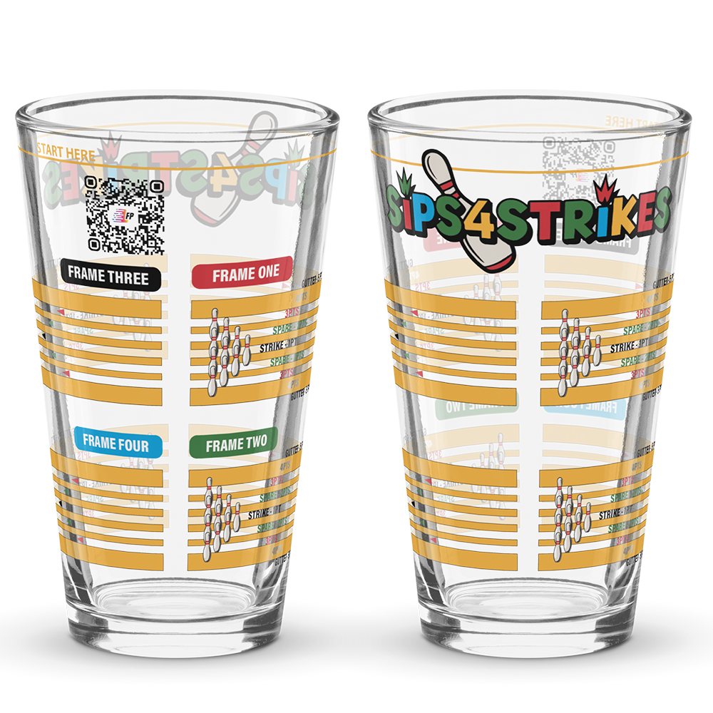 Sips4Strikes pint glass printed with four stacked bowling frames for a bowling drinking game