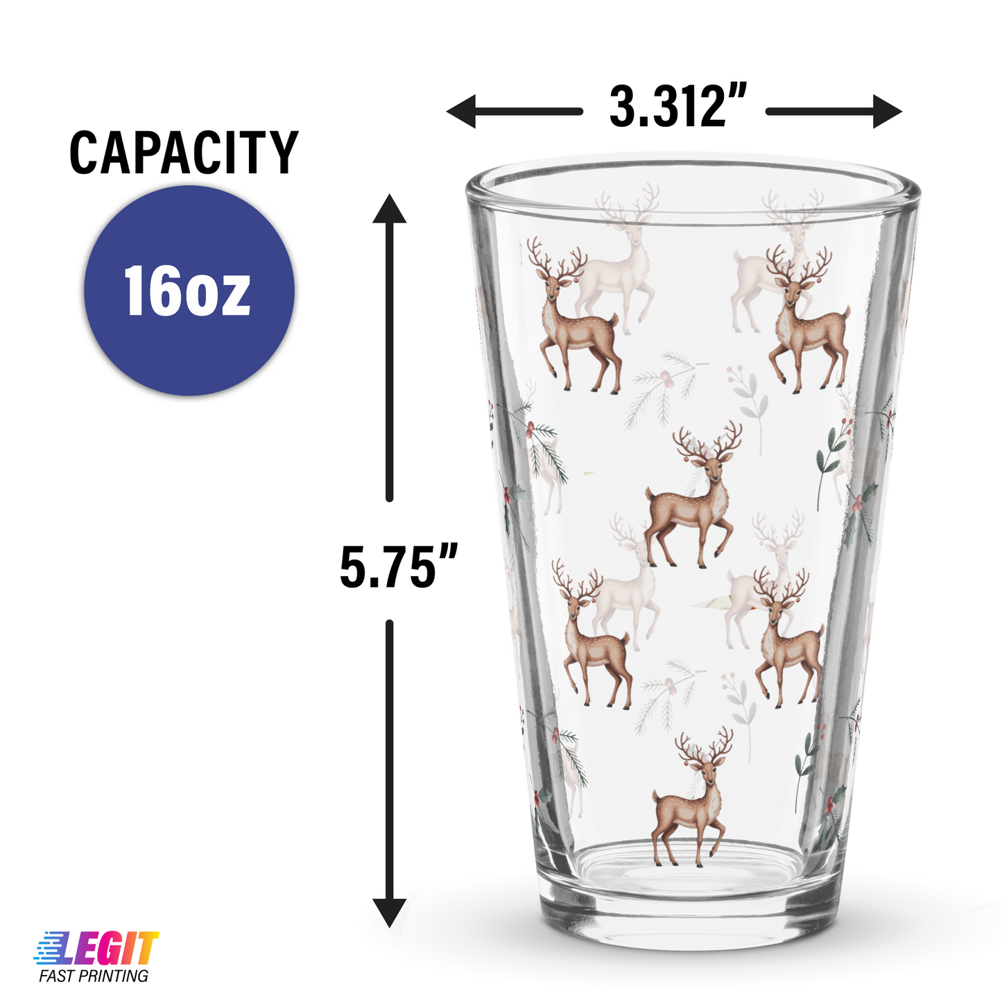 Christmas Reindeer 16oz Pint Glass