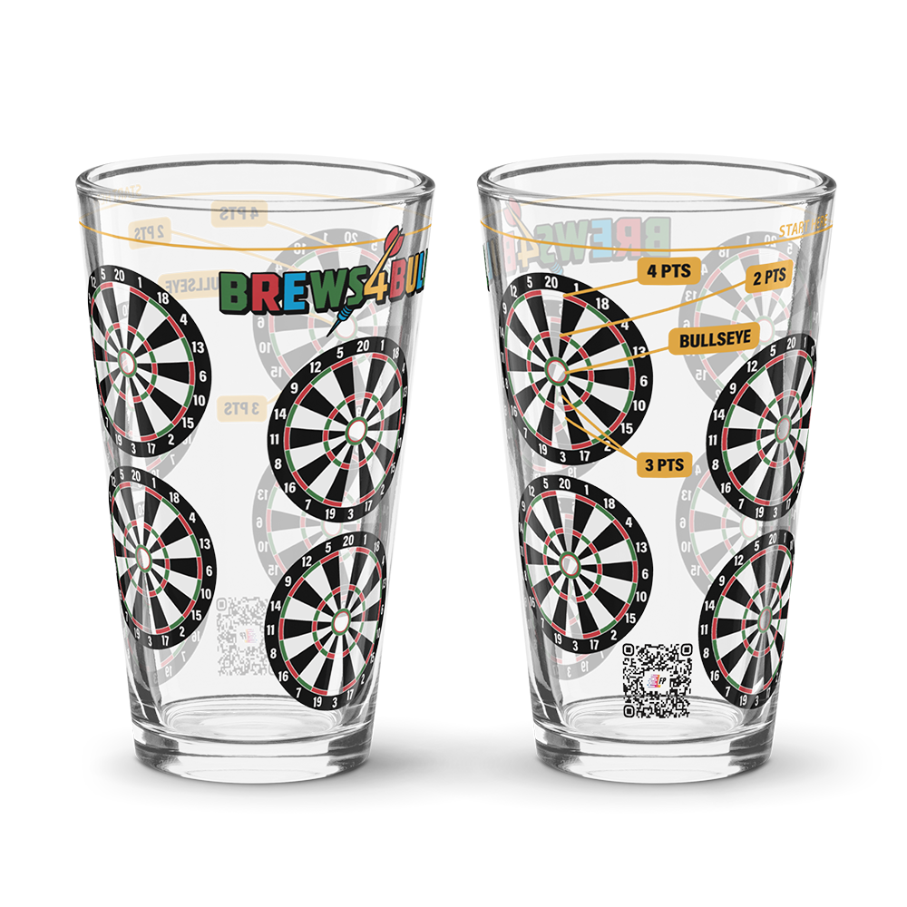 Brews4Bull pint glass printed with eight dart boards around the side for a darts drinking game