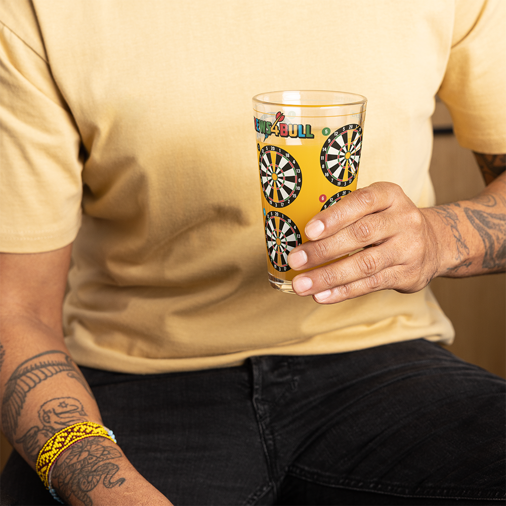 Brews4Bull pint glass printed with eight dart boards around the side for a darts drinking game