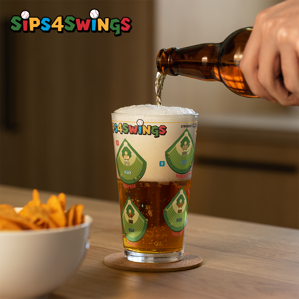 Sips4Swings pint glass printed with baseball fields for a baseball-themed drinking game