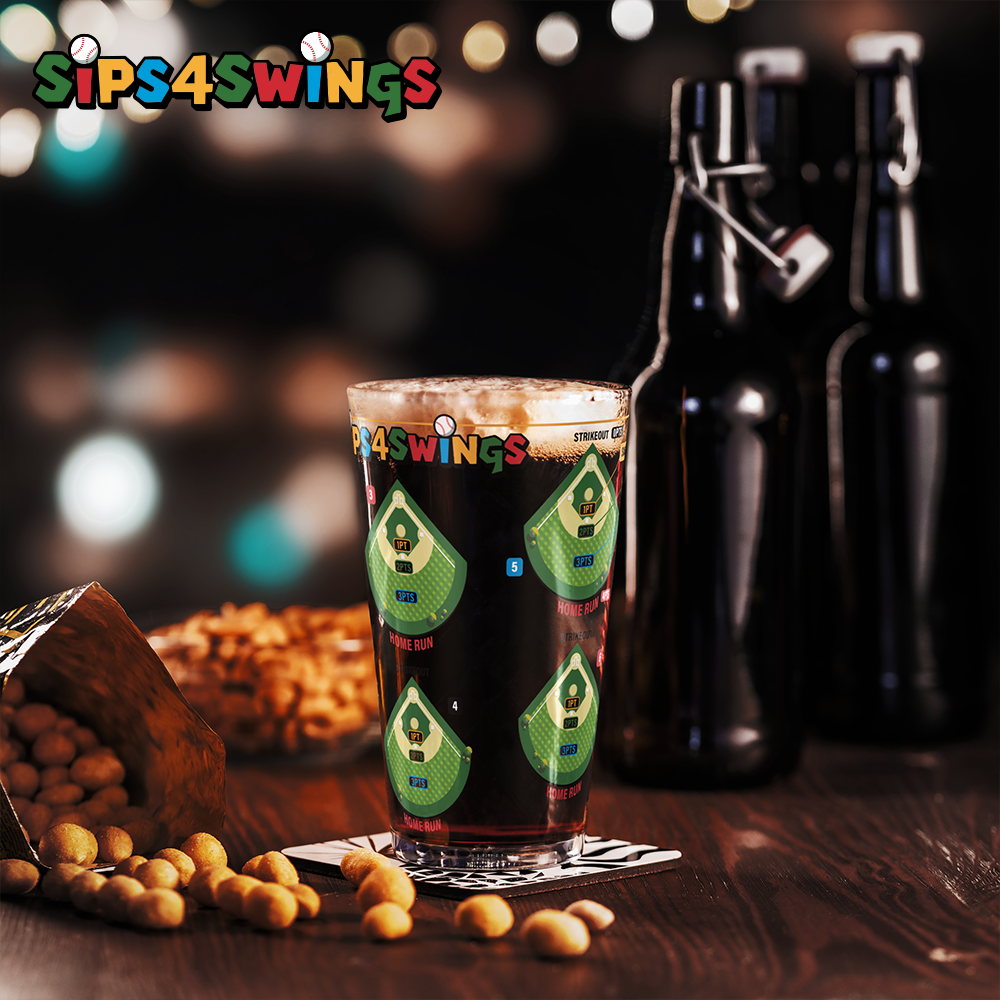 Sips4Swings pint glass printed with baseball fields for a baseball-themed drinking game