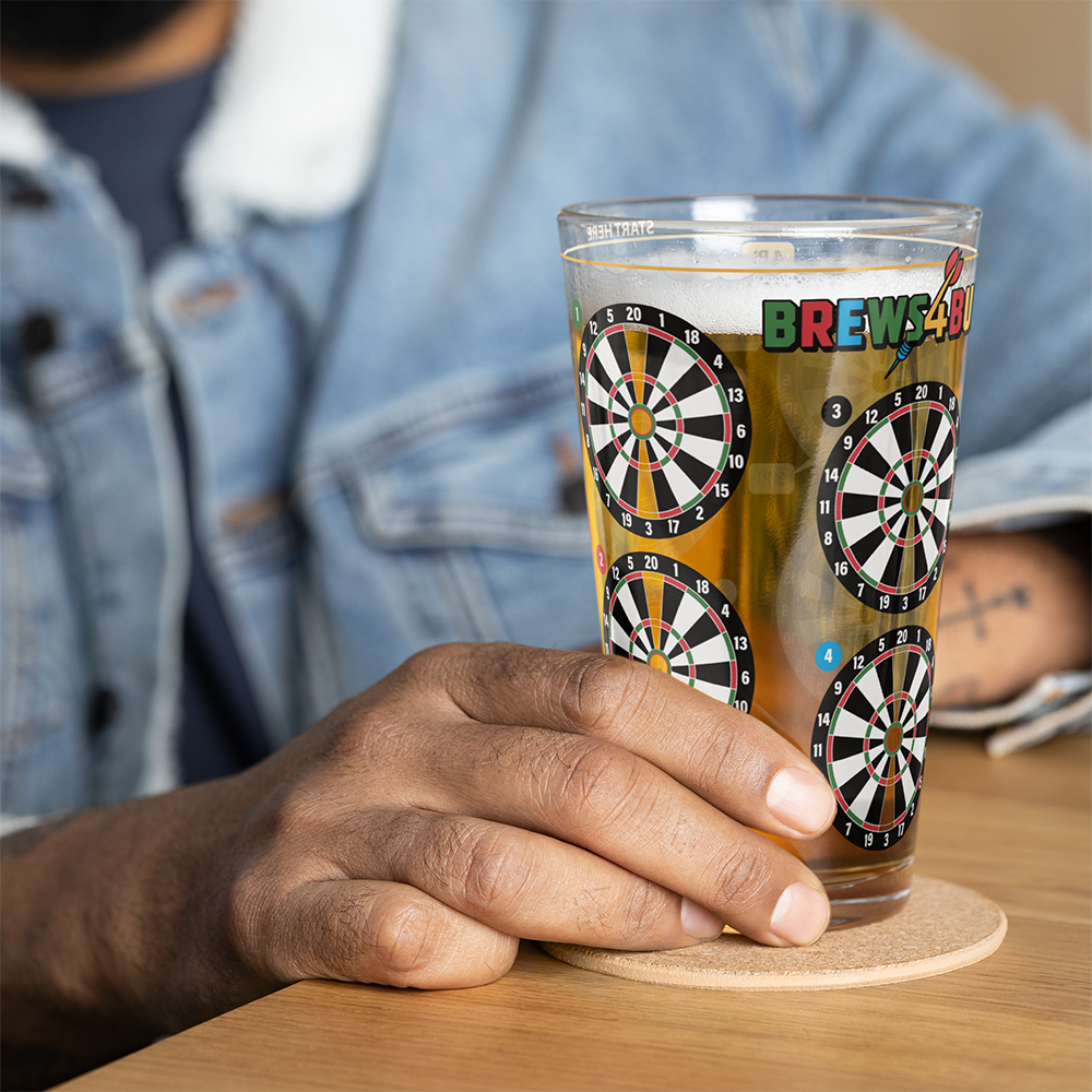 Brews4Bull pint glass printed with eight dart boards around the side for a darts drinking game