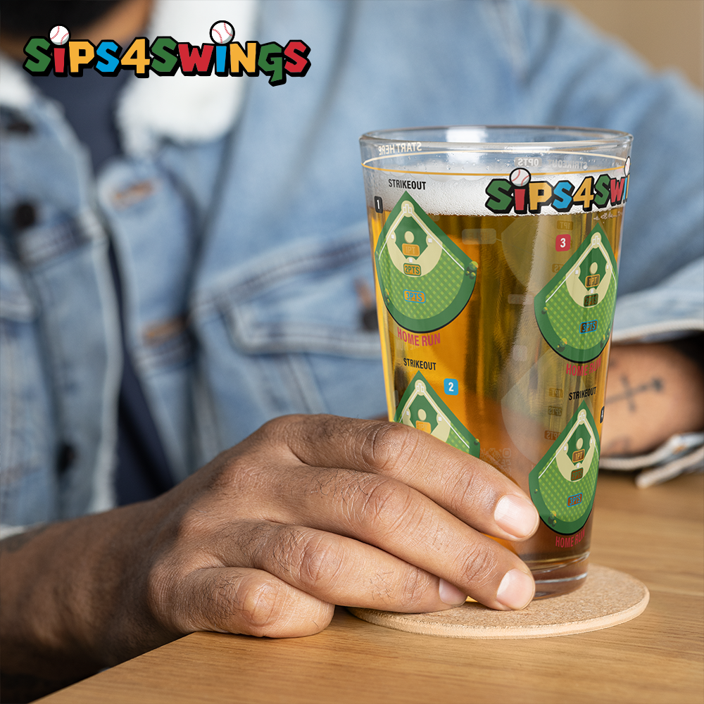 Sips4Swings pint glass printed with baseball fields for a baseball-themed drinking game