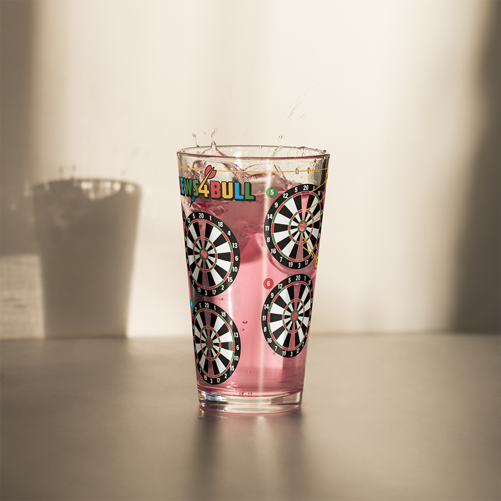 Brews4Bull pint glass printed with eight dart boards around the side for a darts drinking game