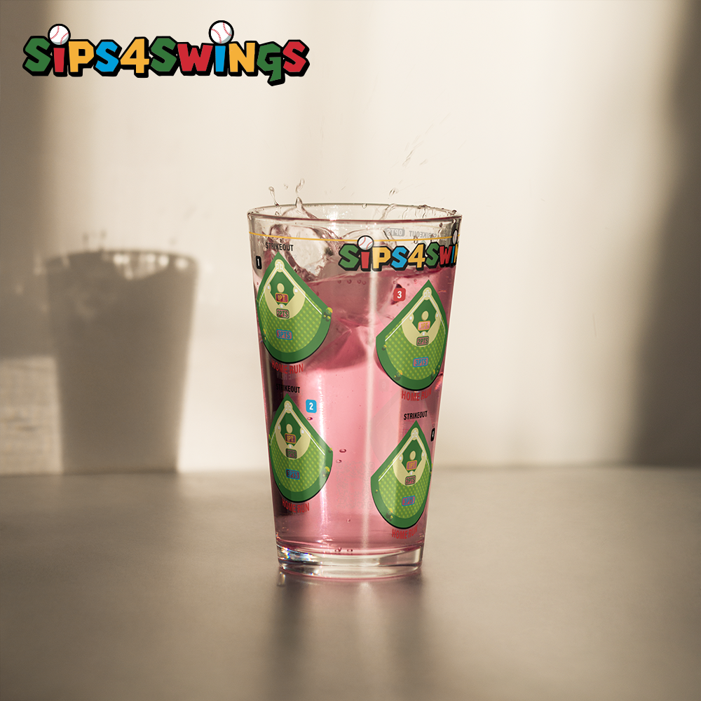 Sips4Swings pint glass printed with baseball fields for a baseball-themed drinking game
