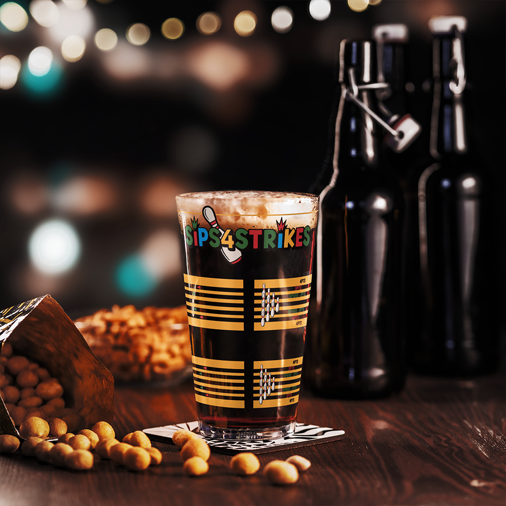Sips4Strikes pint glass printed with four stacked bowling frames for a bowling drinking game