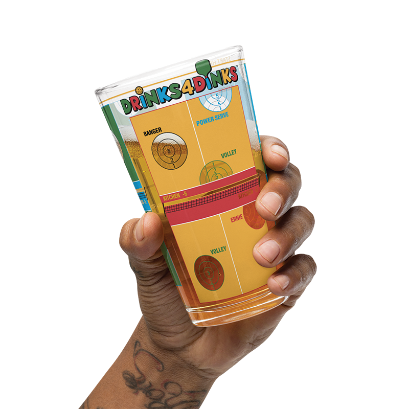 Drinks4Dinks pint glass printed with a pickleball drinking game design