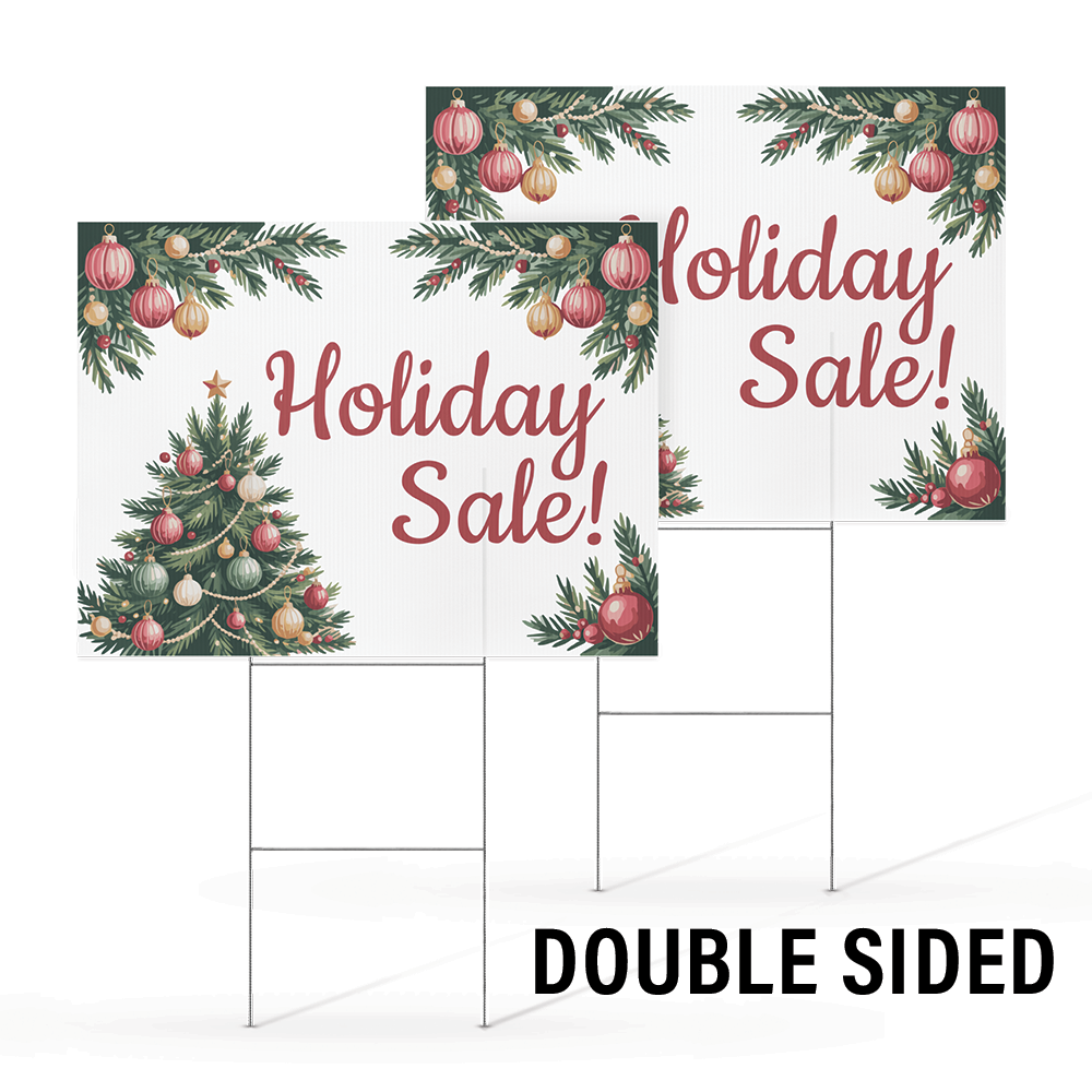 Double-sided 24 by 18 inch Holiday Sale yard sign with festive Christmas trees and bold lettering