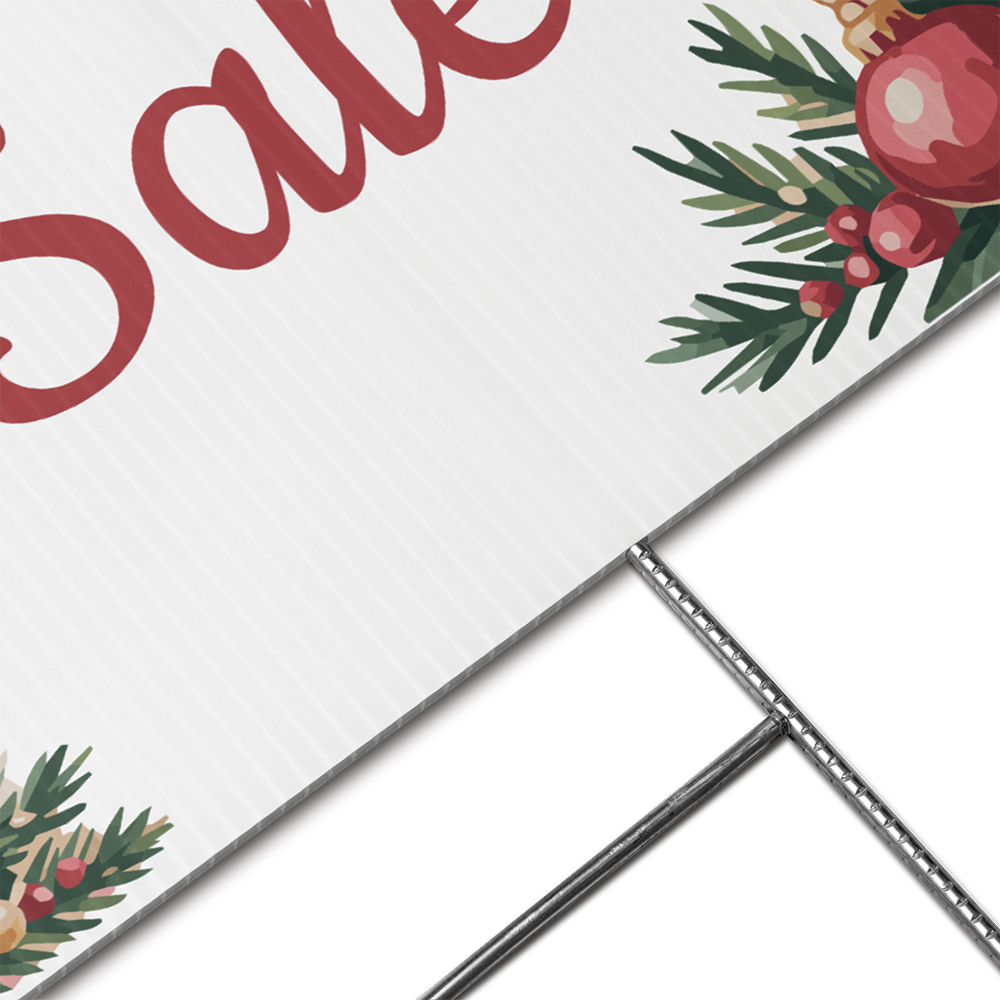 Double-sided 24 by 18 inch Holiday Sale yard sign with festive Christmas trees and bold lettering