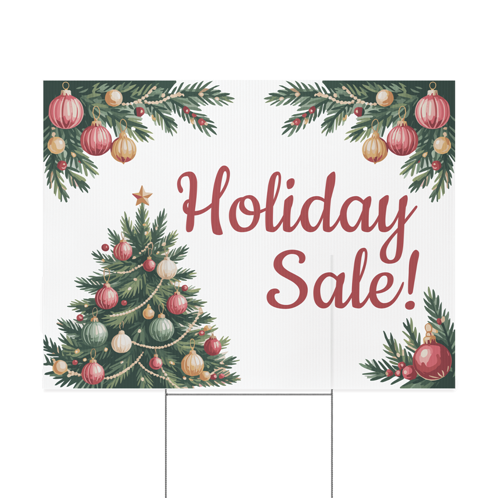 Double-sided 24 by 18 inch Holiday Sale yard sign with festive Christmas trees and bold lettering