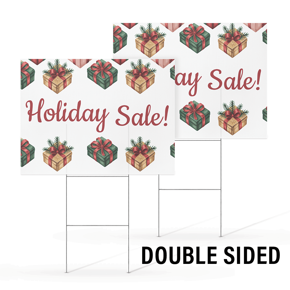 24 by 18 inch double-sided holiday sale yard sign with festive presents and bold Holiday Sale text