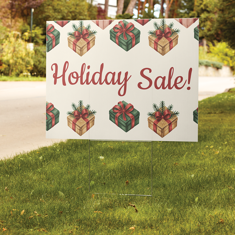 24 by 18 inch double-sided holiday sale yard sign with festive presents and bold Holiday Sale text