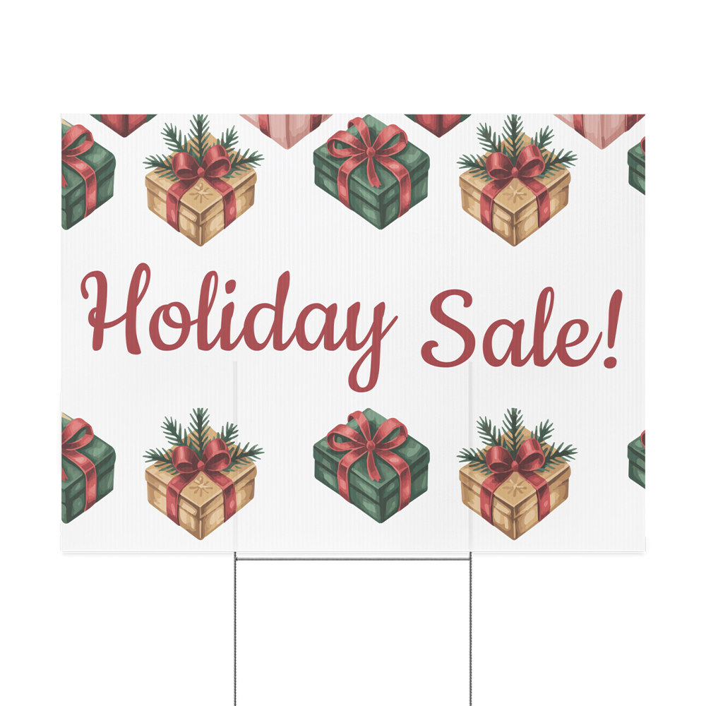 24 by 18 inch double-sided holiday sale yard sign with festive presents and bold Holiday Sale text