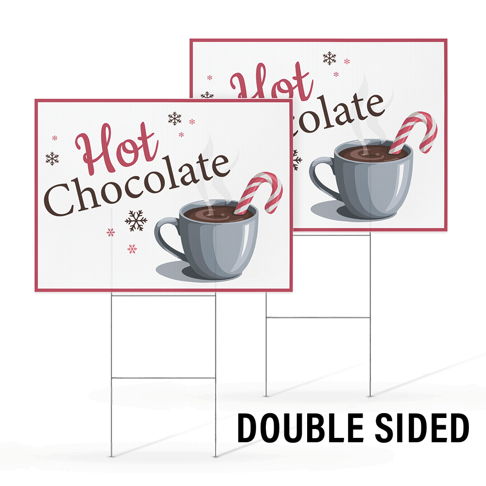 24 by 18 inch double-sided hot chocolate yard sign with a cheerful holiday design