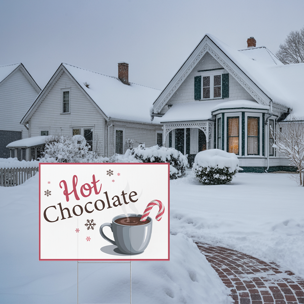 24 by 18 inch double-sided hot chocolate yard sign with a cheerful holiday design