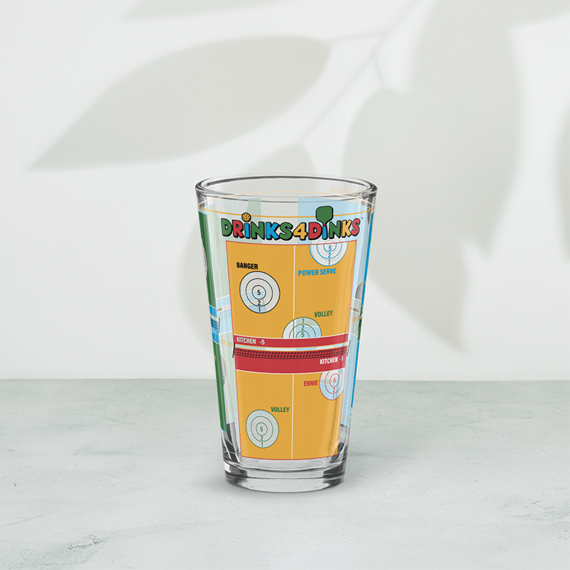 Drinks4Dinks pint glass printed with a pickleball drinking game design