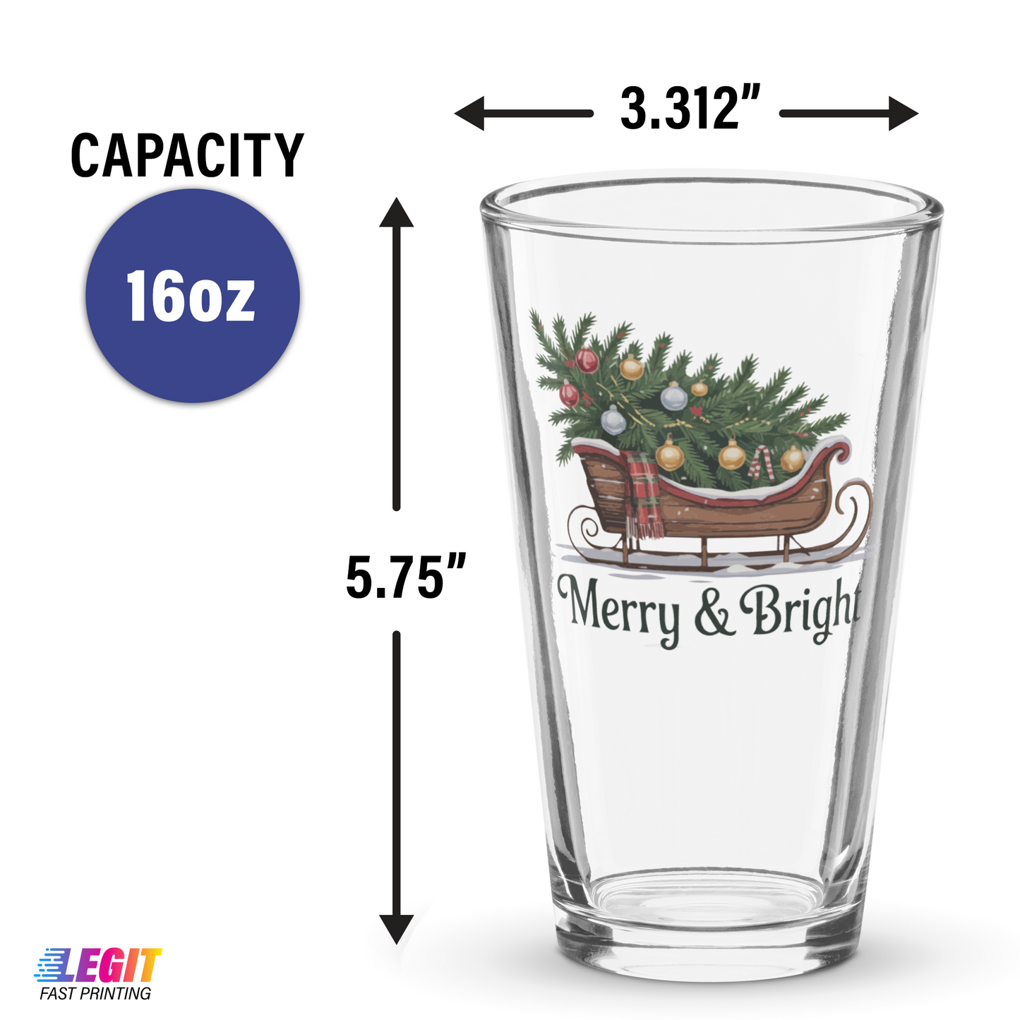 Vintage Christmas Tree Merry & Bright 16oz Pint Glass