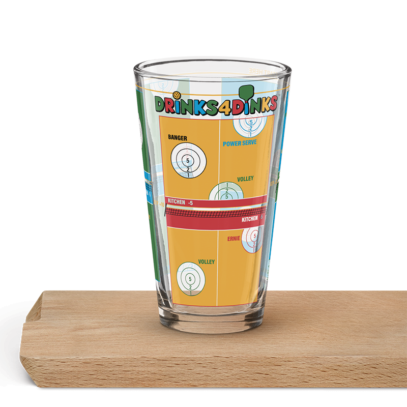 Drinks4Dinks pint glass printed with a pickleball drinking game design