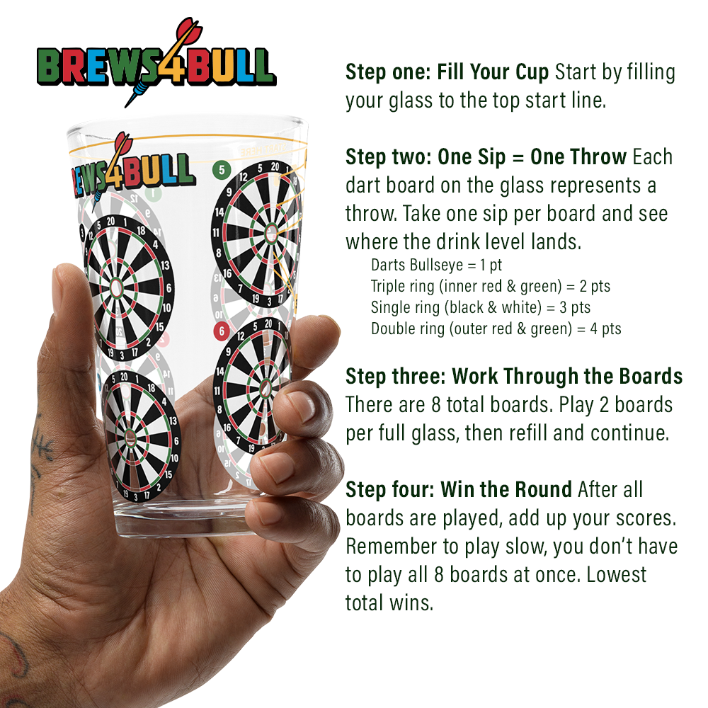 Brews4Bull pint glass printed with eight dart boards around the side for a darts drinking game