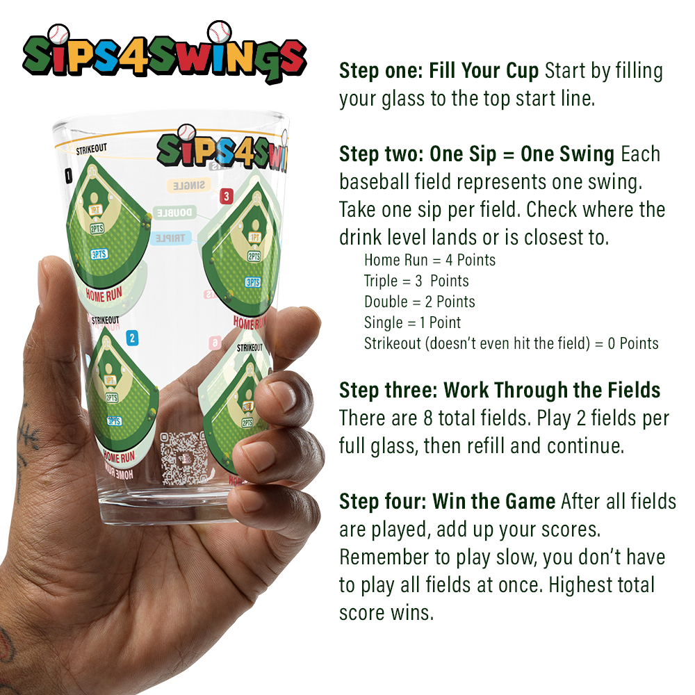 Sips4Swings pint glass printed with baseball fields for a baseball-themed drinking game