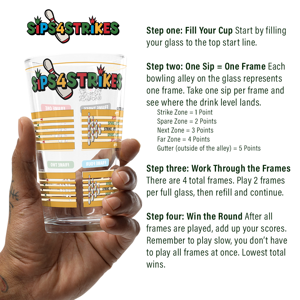 Sips4Strikes pint glass printed with four stacked bowling frames for a bowling drinking game