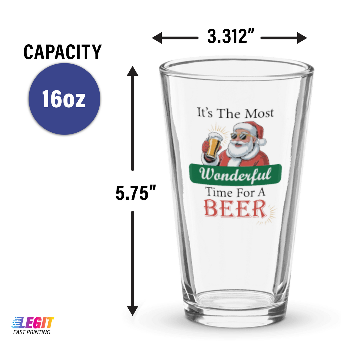 Most Wonderful Time for A Beer Santa 16oz Pint Glass