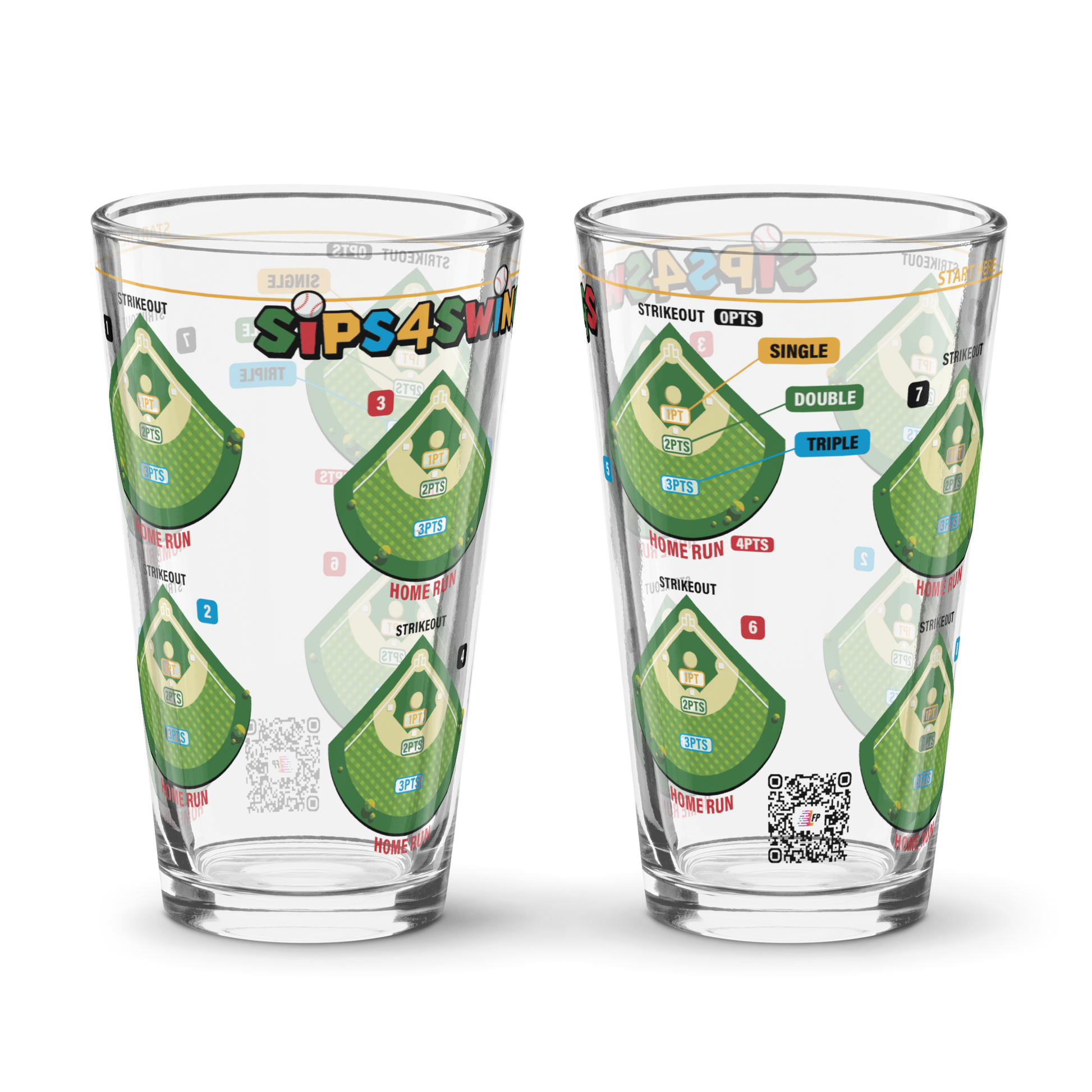 Sips4Swings pint glass printed with baseball fields for a baseball-themed drinking game